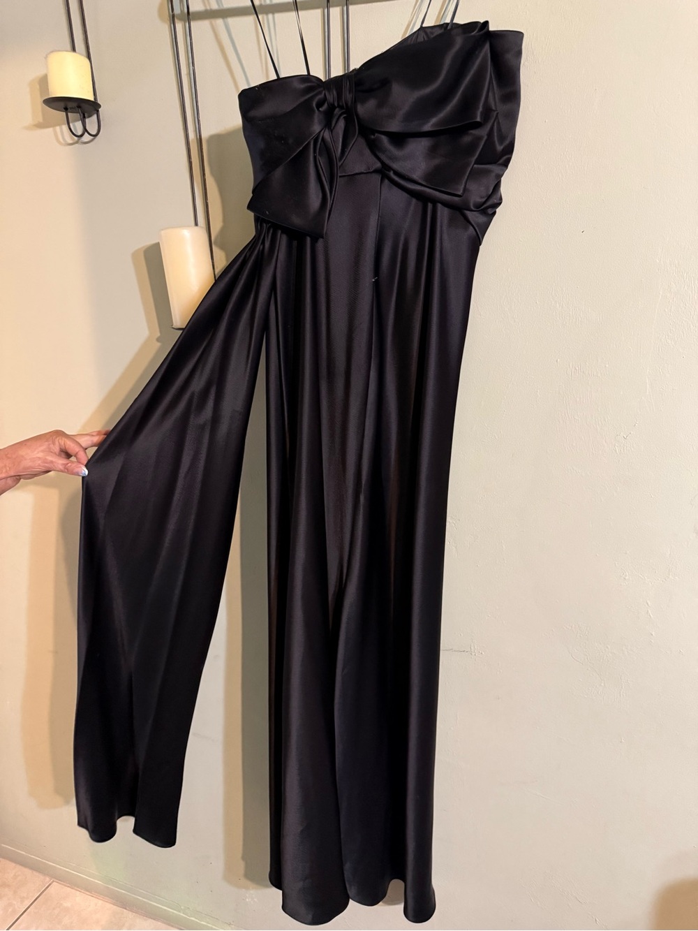 ABS Strapless Black Satin Jumpsuit with Bow Detail